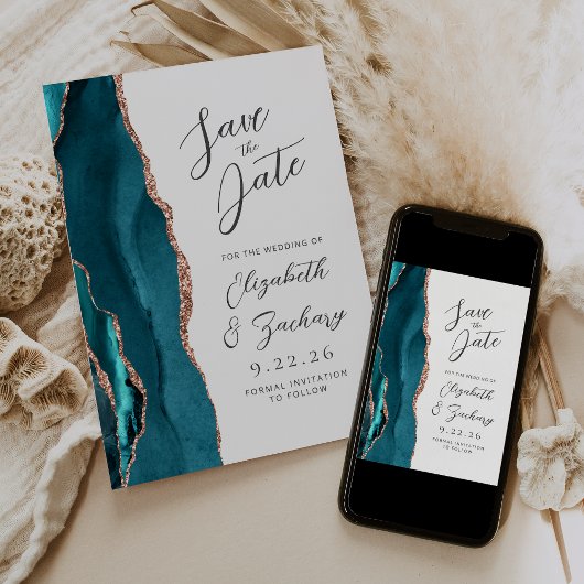 Agate Teal Rose Gold Modern Script Wedding セーブザデート