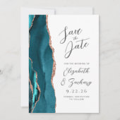 Agate Teal Rose Gold Modern Script Wedding セーブザデート (正面)
