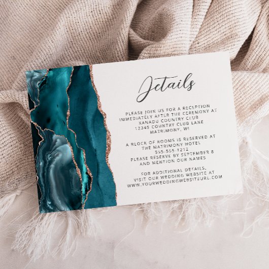 Agate Teal Rose Gold Modern Script Wedding Details エンクロージャーカード