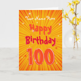 Age 100おもしろいOrangeSunburst編集可能100誕生日 カード