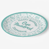 Age 100 Scattered Numberパターンティール（緑がかった色）/白 ペーパープレート (アングル)