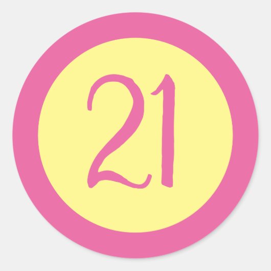 Age 21 Numberカスタマイズ可能なピンク色の文字(黄色) ラウンドシール (正面)