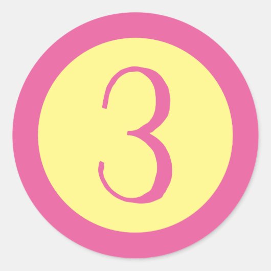 Age 3 Numberカスタマイズ可能なピンク色の文字(黄色) ラウンドシール (正面)