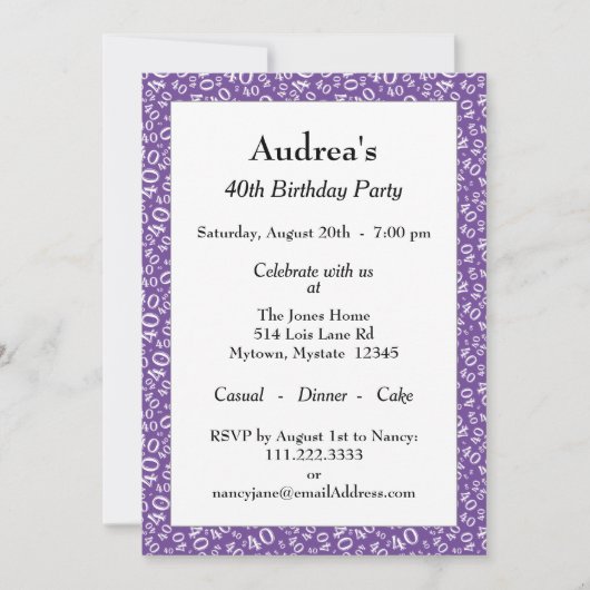 Age 40 Random Number Pattern Purple/White 40th 招待状 (正面)