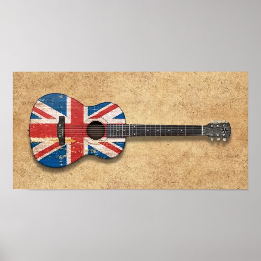 Aged and Worn British Flag Acoustic Guitar ポスター (正面)
