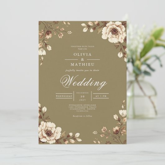 Aged Floral Frame Rustic Wedding 招待状 (スタンド正面)