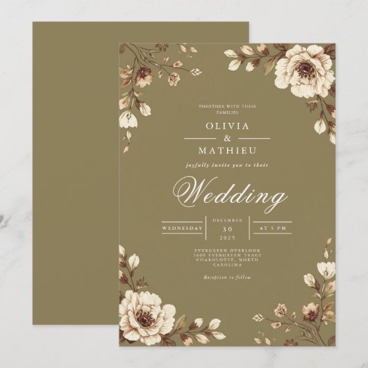 Aged Floral Frame Rustic Wedding 招待状 (正面/裏面)