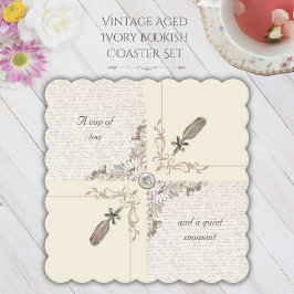 Aged Ivory Typography Cup of Tea and Quiet Moment ペーパーコースター