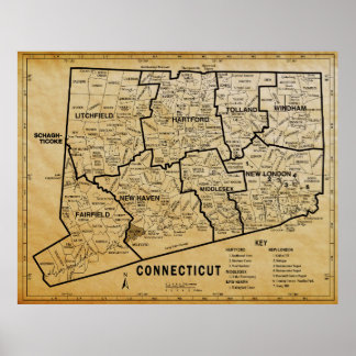 AGED PARCHMENTコネチカットの地図 ポスター