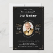 Aged to Complementsブラック金ゴールド写真50誕生日 招待状 (正面)