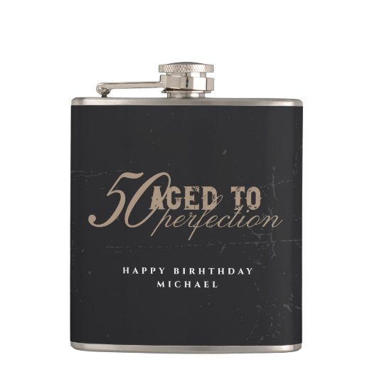 Aged to Perfection Black Vintage Whiskey Birthday フラスク (正面)