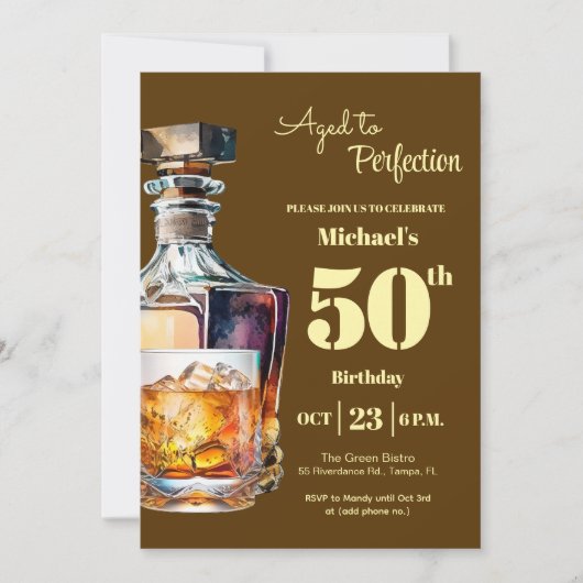 Aged to Perfection Men 50th Whiskey Birthday 招待状 (正面)