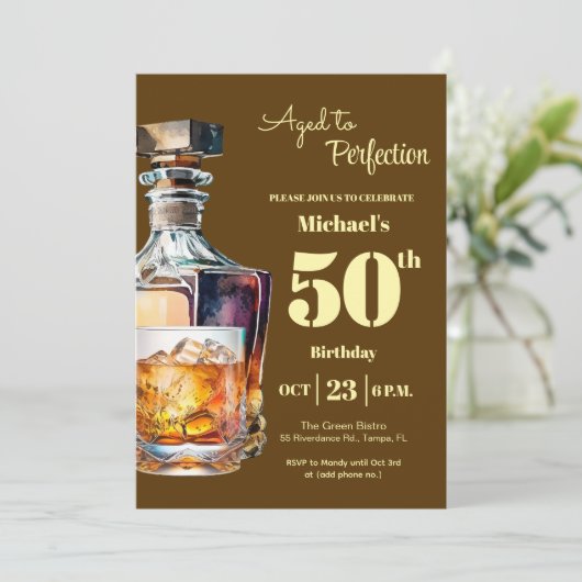 Aged to Perfection Men 50th Whiskey Birthday 招待状 (スタンド正面)