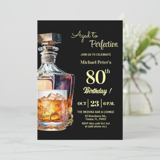 Aged to Perfection Men 80th Whiskey Birthday 招待状 (スタンド正面)