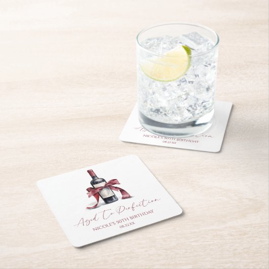 Aged To Perfection Red Wine Bow Birthday Party スクエアペーパーコースター (インサイチュ)