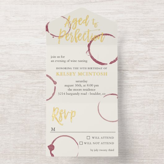 Aged to Perfection Stains Wine Tasting Party Gold オールインワン招待状 (内側)