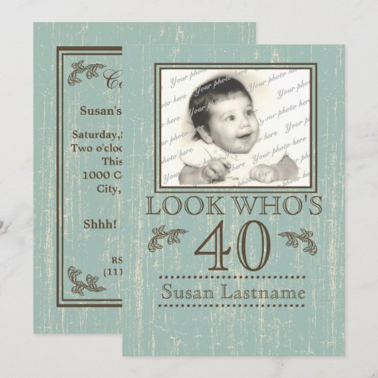 Aged Wood 40th Birthday Photo 招待状 (正面/裏面)