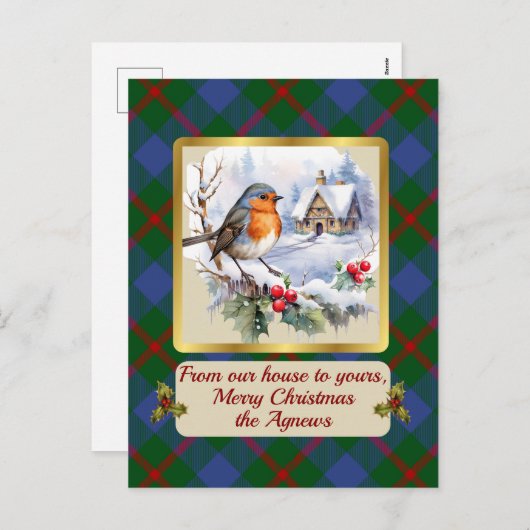 Agnew Crest & タータンチェック（ロビン付き） パーソナライズされた シーズンポストカード (正面/裏面)