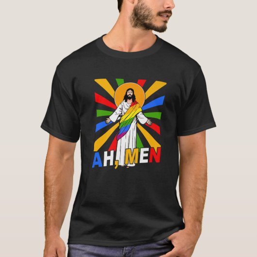 Ah Men おもしろい LGBTゲイプライドイエスレインボー国旗Chr Tシャツ (正面)