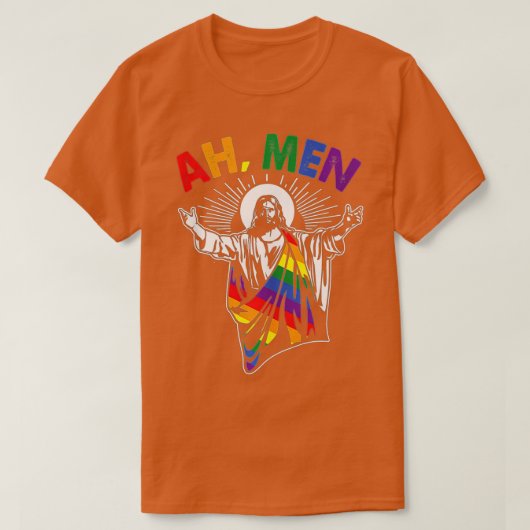 Ah Men Funny LGBT Gay Pride Jesus Rainbow Flag Chr Tシャツ (デザイン正面)