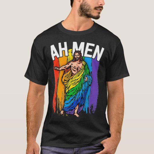 Ah Men Gay Jesus  Funny LGBTQ s Gifts Rainbow  Tシャツ (正面)
