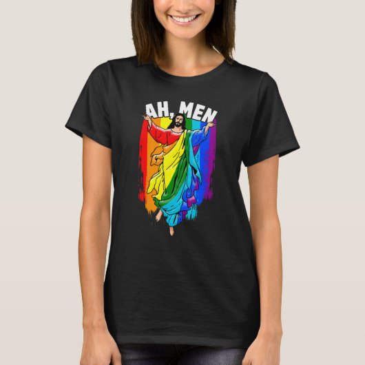 Ah Men Gay Jesus LGBTQ Pride Rainbow Tシャツ (正面)