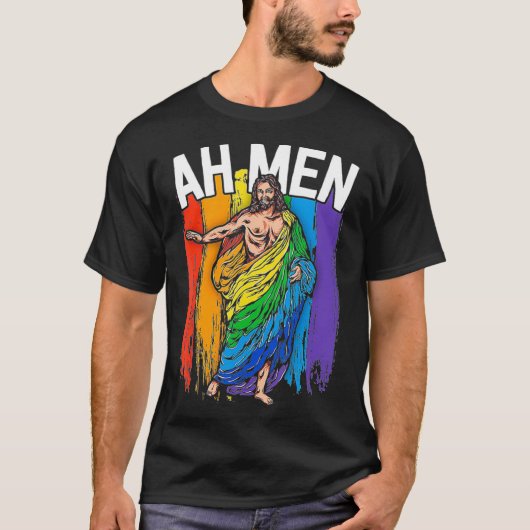 Ah Men God Jesus Christian LGBTQ Lesbian Gay Pride Tシャツ (正面)
