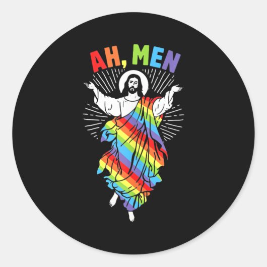 Ah Men LGBT Gay Pride Jesus Rainbow Peace ラウンドシール (正面)