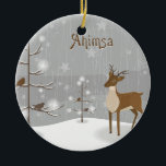Ahimsa Holiday Reindeer セラミックオーナメント<br><div class="desc">Holiday gifts with picture of a reindeer in the winter woods with the buddhist message,  Ahimsa. Ahimsa holiday gifts,  accessories and home goods.</div>