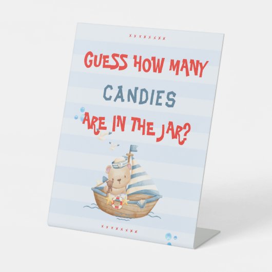 Ahoyその男の子の赤ん坊シャワーは、キャンディの数を推測 台座サイン (正面)