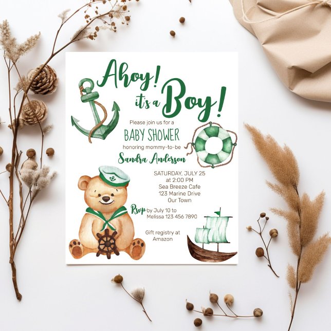 Ahoyその男の子テディ熊の赤ちゃんシャワー予算の招待 (Ahoy it's a boy nautical teddy bear baby shower budget invitation green brown white cute teddy)