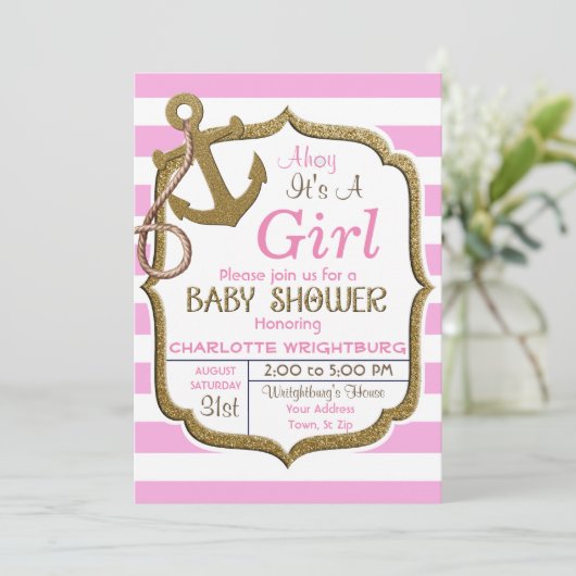 Ahoyそれは女の子の航海のなテーマのベビーの招待状です 招待状 (スタンド正面)