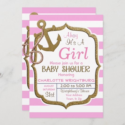 Ahoyそれは女の子の航海のなテーマのベビーの招待状です 招待状 (正面/裏面)