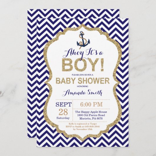 Ahoyそれは男の子です! 航海のなベビーシャワーの招待状 招待状 (正面/裏面)