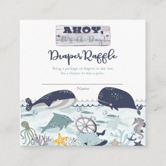 Ahoyそれは男の子の赤ちゃんシャワーおむつラッフルだ エンクロージャーカード (正面)