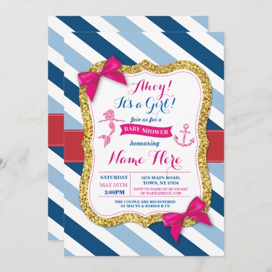 Ahoy人魚のベビーシャワーのピンクの弓招待 招待状 (正面/裏面)