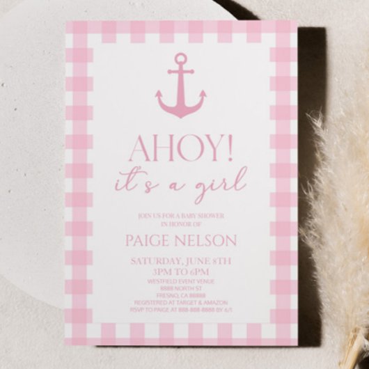Ahoy女の子ピンクの赤エレガントちゃん航海のシャワー 招待状