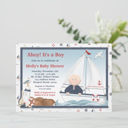 Ahoy男の子のヨットのベビーシャワーの招待状 招待状 (スタンド正面)