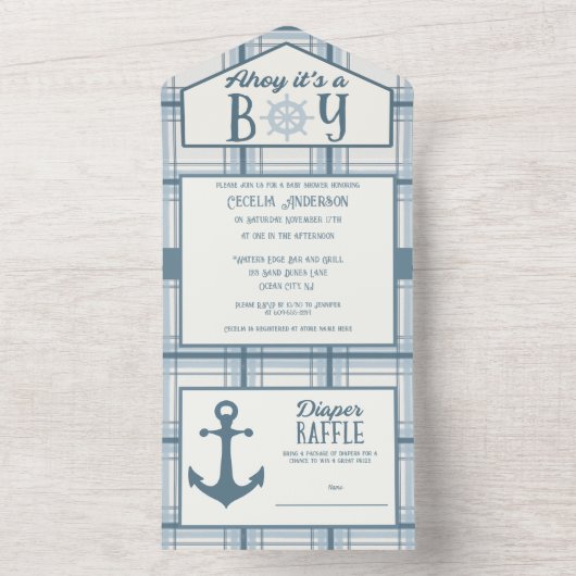 Ahoy男の子の赤ん航海のだシャワー オールインワン招待状 (内側)