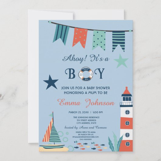 Ahoy男の子の赤ん航海のだシャワー 招待状 (正面)