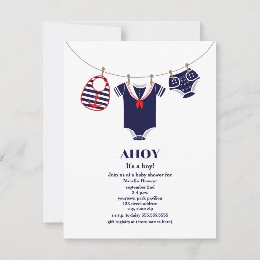 Ahoy男の子セーラースーツの赤ちゃん航海のシャワー 招待状 (正面)