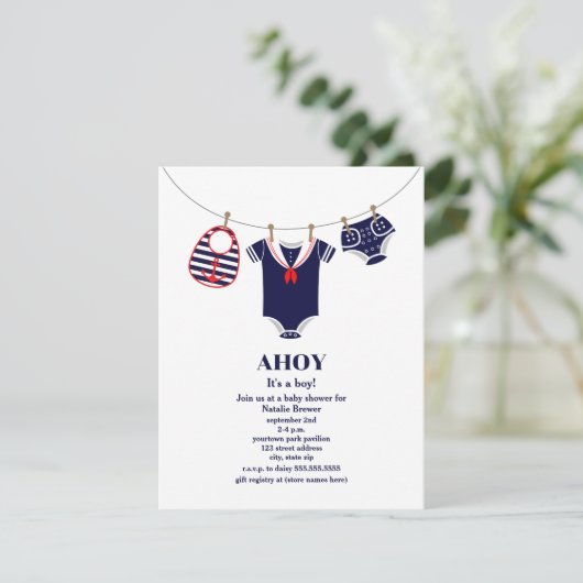 Ahoy男の子セーラースーツの赤ちゃん航海のシャワー 招待状 (スタンド正面)