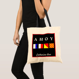 Ahoy赤いボーダー名前 トートバッグ