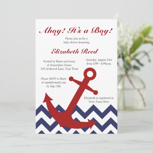 Ahoy! それは男の子です! 航海のなテーマのベビーシャワー 招待状 (スタンド正面)