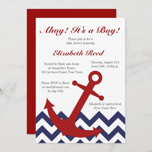 Ahoy! それは男の子です! 航海のなテーマのベビーシャワー 招待状 (正面/裏面)