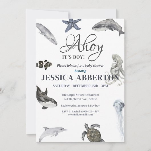 Ahoy、それは男の子の水の色の赤ちゃんシャワー 招待状 (正面)