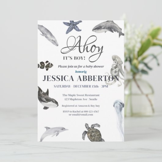 Ahoy、それは男の子の水の色の赤ちゃんシャワー 招待状 (スタンド正面)