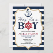 Ahoy! 男の子が生まれました！ 海事をテーマにしたネイビーブルーの男の子ベイビーシャワー 招待状 (正面)