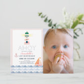 Ahoy 航海の Pink Girl Photo 1st Birthday 招待状 (スタンド正面)