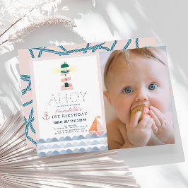 Ahoy 航海の Pink Girl Photo 1st Birthday 招待状